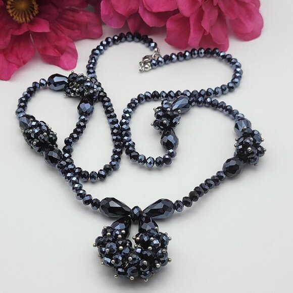 Black Faceted Crystal Pendant Beaded Necklace 32 In Silver Tone Lobster Clasp - Picture 1 of 6